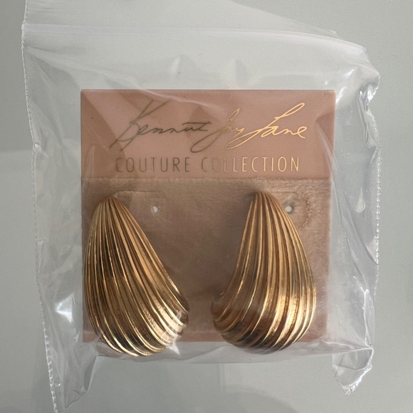 KENNETH JAY LANE Couture Collection Gold Plated Thick Ridge Half Hoop Earrings - Picture 5 of 7